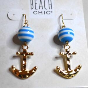 NWT Beach Chic Vacation Blue/White Beaded Gold Tone Anchor Dangle Hook Earrings